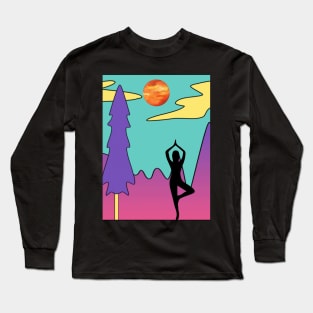 Animated Yoga Mountains Sun and River Graphic Long Sleeve T-Shirt